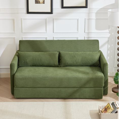 Divano letto 2 posti pieghevole in tessuto a coste verde, 165 x 92 x 82 cm, con 2 cuscini (1/5)