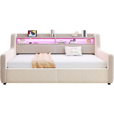 Canapé-lit 90 x 200 cm en velours beige, avec coffre hydraulique, LED, prise USB et type C, tête et accoudoirs rembourrés, style moderne - CHICFURN (1/5)