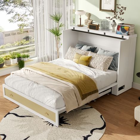 Letto trasformabile MDF bianco 140x200 cm con cassetti, mensola, USB e presa