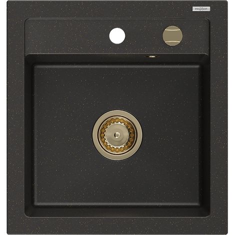 Mexen Vito évier en granit à 1 cuve 520 x 490 mm, Noir/Or métallique, siphon Or - 6503521000-75-G (1/5)