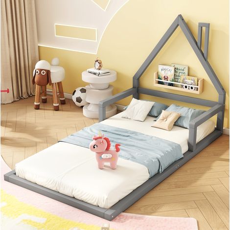 Letto a casetta bambini 90x200 cm in pino massello, grigio, senza materasso (1/5)