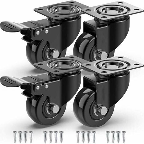 YMYNY 4 Lenkrollen für Möbel, 2 mit Bremse + Schrauben – Keine Spuren hinterlassende Rolle für schwere Beanspruchung – Gummirad für Trolley – Schwarz (1/4)