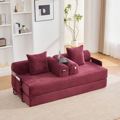 Divano modulare 200x94x67 cm, con tasca laterale, 3 cuscini, in corduroy rosso vino (1/5)
