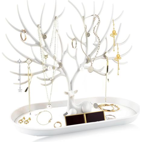 Schmuckbaum, Schmuckhalter aus Kunststoff, dekorativer Schmuckbaum mit Schmucktablett, Schmuckständer in Hirschform für Ohrringe für Halsketten, Ketten, Uhren, Armbänder (weiß) (1/5)