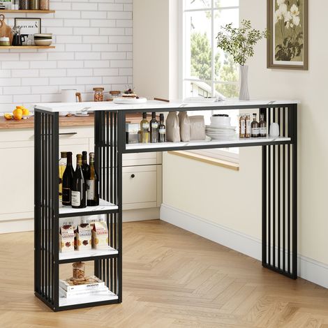Table haute avec plateau MDF aspect marbre, 3 étagères et structure métallique noire – Pour cuisine, salle à manger et coin petit-déjeuner – 140×40×105 cm (1/5)