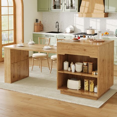 Mueble bajo de cocina color roble, con encimera extensible, espacio de almacenaje, cajones, iluminación LED y puertas acristaladas, en MDF (1/5)