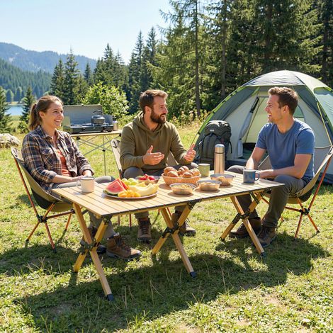 Table camping Table pliante en aluminium table roulante Sac transport en bois Imperméable - Dimensions: 117x60 cm