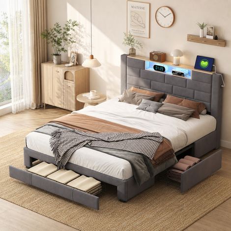 Lit Double Rembourré 160x200 avec LED RGB et USB, Cadre de Lit avec Rangement et Tiroirs, Tête de Lit avec Étagère, Sommier à Lattes, velours Gris (1/5)