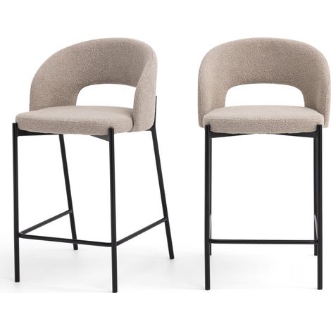 Drawer – Lot de 2 chaises de bar tissu bouclette – Hauteur 65cm – Métal noir – Dossier enveloppant – Pour espaces contemporains