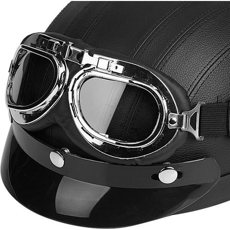Casque moto scooter visière intégrée cuir synthétique noir taille universelle + lunettes UV (1/5)