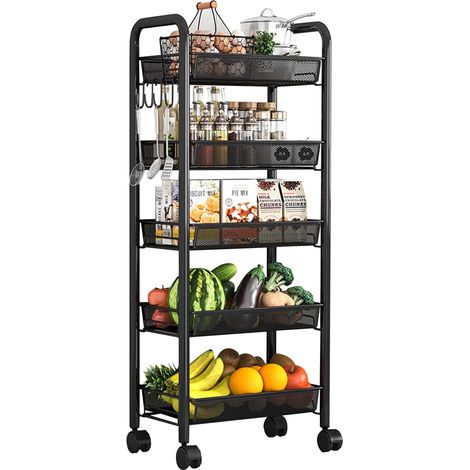 Chariot de Rangement Mince Étagère à légumes pour la Cuisine Étagère à légumes sur Roues Porte-légumes Chariot à légumes,Noir,5 Tier (1/5)