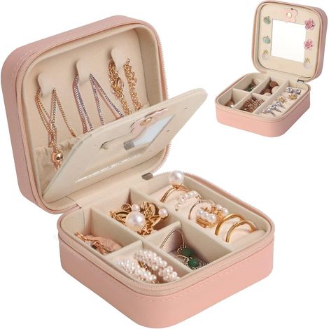 Boîte à bijoux de voyage pour femme avec miroir, en cuir PU, pouvant contenir boucles d'oreilles, bagues et colliers. Rose. (1/5)