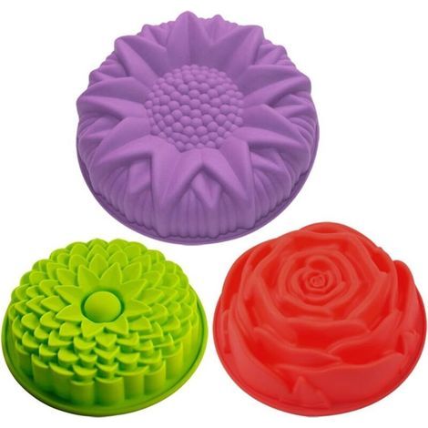 Juego de 3 moldes de silicona con forma de flor para pasteles, tartas, flan, girasol redondo grande, crisantemo y rosa. Moldes antiadherentes para hornear, ideales para fiestas de cumpleaños y manuali (1/4)