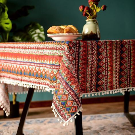 Nappe à franges et pompons pour tables rectangulaires bohèmes, nappe infroissable en lin de style bohème (Rouge, 152x213 cm)