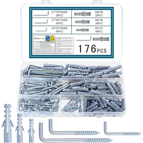 176 Pcs Crochet à Visser Droit avec Fente, Crochets à Vis en L de Plafond à Vis, Crochets Muraux à Visser pour Tasses Lumières Plantes(88 Crochet à L, 88 Chevilles) (1/5)