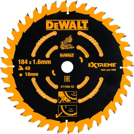 Dewalt – Lame de scie circulaire 184mm – 40 dents WZ pour bois dur et mélamine – Diamètre alésage 16mm – DT1668QZ