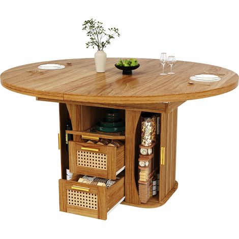 ELVMI Tavolo da Pranzo Allungabile con Cassetti Contenitore, per Sala da Pranzo, in MDF, Rovere, 118-158 x 118 x 77.1 cm (1/5)