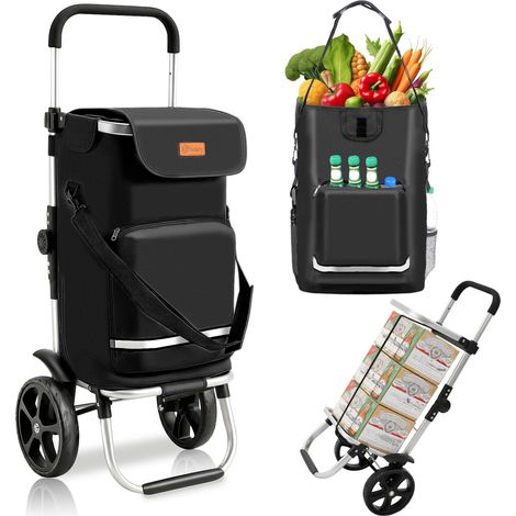 Chariot de Courses Pliable 3 en 1, Caddie Isotherme avec Sangle de Fixation, Sac Bandoulière et Porte-Bouteille, Trolley/Diable Pliable pour Courses, Camping – Noir (1/5)