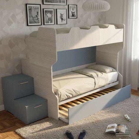 Letto a castello salvaspazio con scala a cassettoni e camminatoio - Rovere Rock e Avio