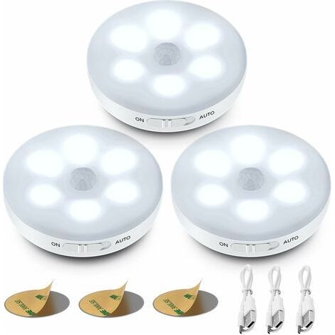 Veilleuse LED Automatique, Lampe Detecteur de Mouvement Interieur, Lumiere Autocollante USB Pile Rechargeable, LED Sans Fil (Blanc) (1/5)