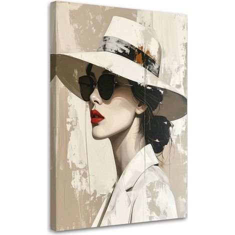 Tabelau sur Toile, Femme élégante avec chapeau dans une composition beige,60x90 (1/4)