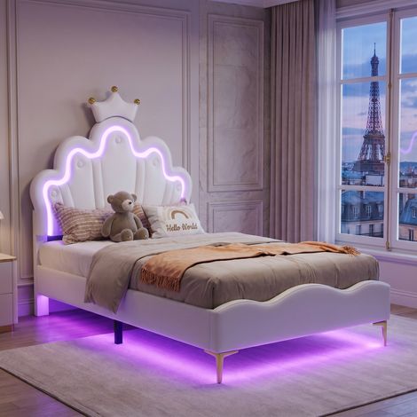 Lit simple rembourré 90x200cm avec tête de lit LED, Lit enfant 90x200cm avec sommier à lattes, Lit fille princesse, Design couronne et nuage, PU, Blanc, sans Matelas (1/5)