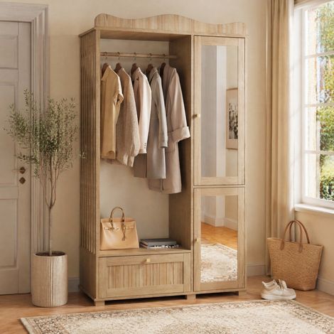 Armadio guardaroba con specchio e vano a giorno, 115,5 x 38,5 x 194,5 cm, rovere HAVRYA (1/5)
