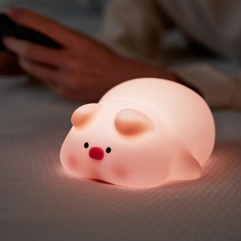 (Cochon) Veilleuse LED en silicone, en forme de mouton, de panda et de lapin, rechargeable par USB. (1/5)