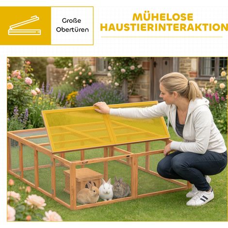 Enclos extérieur pour lapins en bois avec 2 portes, abri pour 2-4 lapins nains, 180,4 x 150 x 48 cm, orange (1/5)