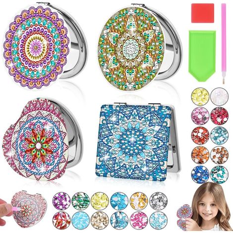 Miroir Peinture Diamant Kit, 4PCS Diamant Peinture de Poche Miroir DIY Miroir Compact avec Peinture de Diamant Couverture de Miroir Pliant Peinture Diamant Kits d'art de Style Mandala (1/5)