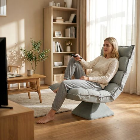 Fauteuil relaxant pivotant à 360° avec dossier réglable en 5 positions, revêtu de tissu effet velours. Gris clair. (1/5)