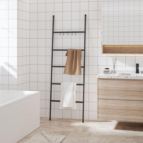 Porte-serviettes échelle 5 niveaux – Échelle de rangement sur pied en fer noir 58 x 175 cm – Porte-serviettes autonome pour salle de bain (1/5)