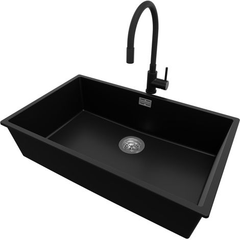 PRIMAGRAN Evier Sous Plan 76x47cm, Evier en Granit 1 bac + Robinet 40x38cm + Kit de Vidage, Évier au meuble 80cm - London, Noir (1/5)