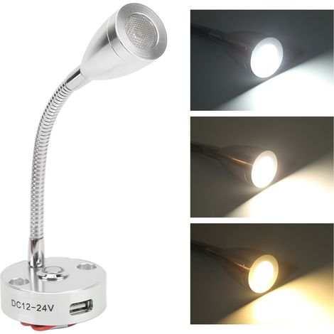 Leselampe für Wohnmobile, flexibler Hals, 3-farbige Beleuchtung, 12–24 V, 3 W, USB-aufladbar, universell für Yachten und Boote, silber (1/5)