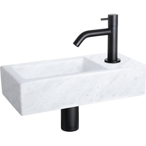 Differnz Helios kit lave-mains - 37,5x18,5x9,5cm - Rectangulaire - 1 trou de robinet - Robinet noir mat courbé - Pierre minérale Marbre (1/5)