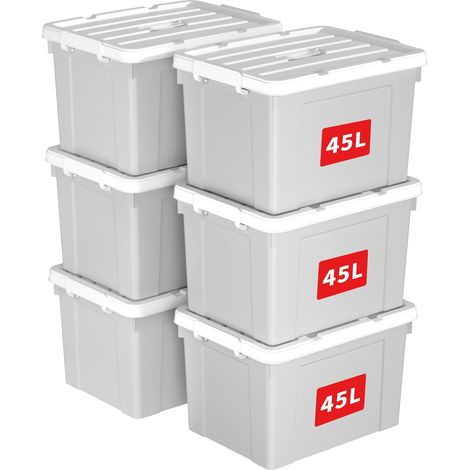45L6 Boîte de Rangement, Bac de rangement avec Poignée, Plastique Organisateur avec Couvercle, Empilable, Transportable, pour Vêtements, Bureau, Chambre, Dortoirs, Gris, 45L - Lot de 6 (1/5)