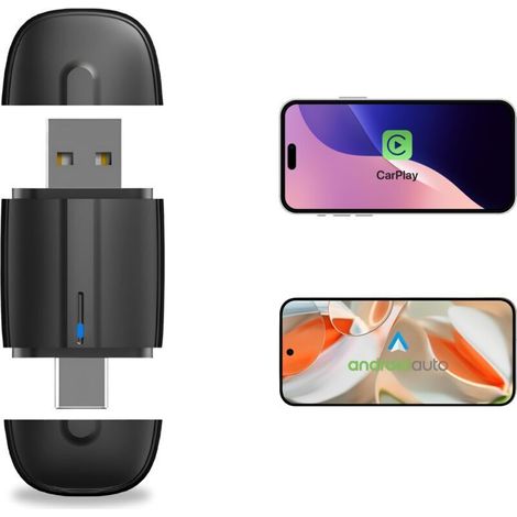 Adaptateur CarPlay sans fil & Android Auto sans fil 2 en 1 – USB-A & USB-C – Connexion Automatique – Plug & Play – Compatible iPhone & Smartphone Android – Installation Facile – Compact – Wireless (1/4)