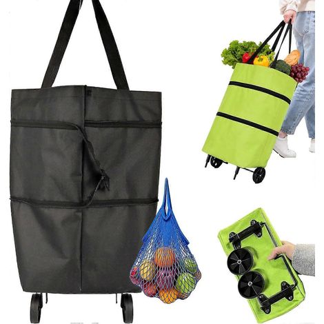 Chariot de courses pliable 2 en 1 avec roulettes, sac à provisions réutilisable, utilitaire pour voyages et linge, noir (1/5)