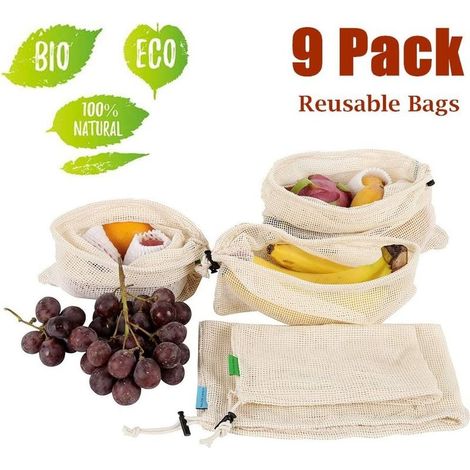 Sac Coton - Sac en Cotton pour Legumes - Sacs Réutilisables à Fruits et Légumes - Sac Vrac Coton Bio - Sac Legumes Reutilisable - Sac en Tissu - Sacs de Coton - Sac Legumes - Lot de 9 (3 L, 3 M, 3 S) (1/5)