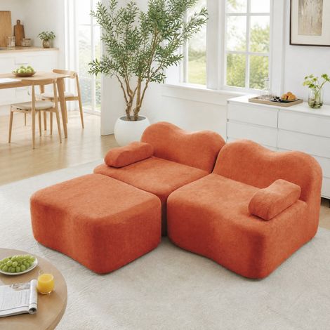Canapé d’angle modulaire 2 places en velours orange avec ottoman, sans montage (1/5)