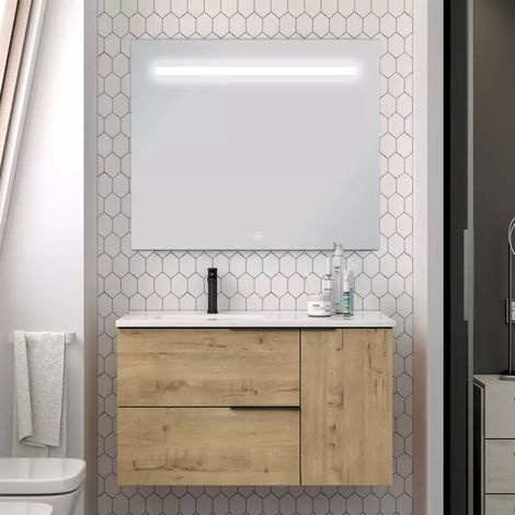 Meuble de salle de bain vasque déportée - roble (chêne clair) - KING et miroir Led STAM - 80cm (1/5)