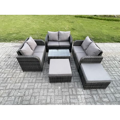 Fimous Gartenmöbelset Rattan Garten Sofa im Freien Sessel mit Gehärteter Glastisch 2 hohen Hockern Dunkelgrau Gemischt (1/5)