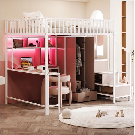 Letto a soppalco in metallo e MDF bianco 140x200 cm con scrivania, armadio, cassetti, LED e prese USB (1/5)