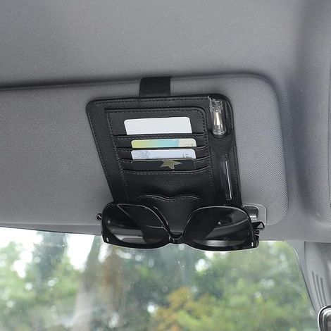 Car Sun Visor Organizer, Leather Car Sun Visor Glasses Hanging Clip with Storage Pockets, Universal Car Visor Case (Black) (1/5)