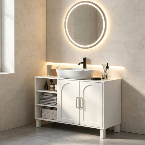 Mueble bajo lavabo con estantes abiertos y puertas dobles, 90 x 30 x 63 cm, crema HAVRYA (1/5)