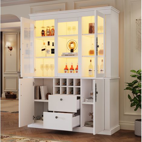 Vitrina armario (130x37.5x170.5 cm), con 2 cajones, 4 puertas, 8 botelleros, LED, vidrio y tablero de partículas blanco (1/5)