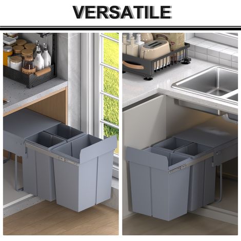 Poubelle à tiroir 40L, 3 compartiments pour déchets recyclables, 48x34.2x41.8 cm, gris, tri sélectif facile (1/5)