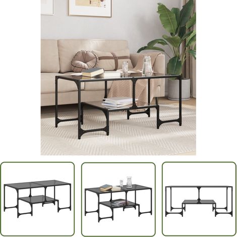 The Living Store Couchtisch mit Glasplatte Schwarz 98,5x50x45 cm Stahl - Couchtisch - Wohnzimmertisch - Esszimmertisch - Sideboard - Glastisch (1/5)