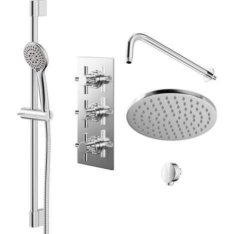 Cross Polished Chrome Triple Thermostatic Valve Mixer Shower with Round Fixed Head and Avon Shower Slide Rail Kit - 2 Outlet (1/5)