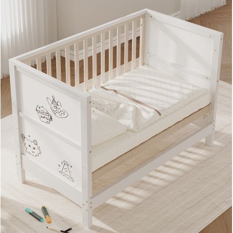 Cuna evolutiva 120x60 cm convertible, con paneles para pintar y 3 alturas regulables, de madera, natural y blanca (1/5)